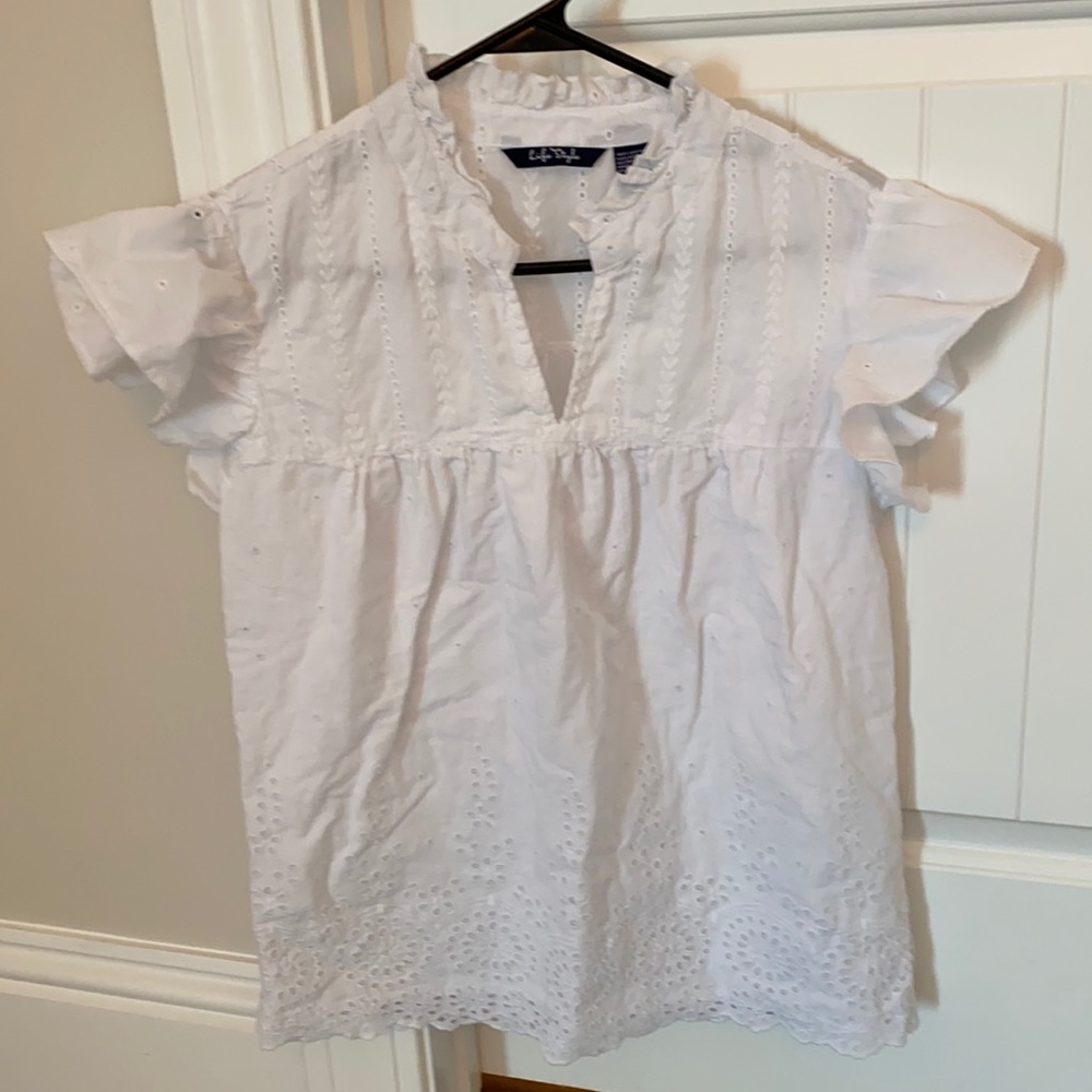 Flutter sleeve white eyelet top